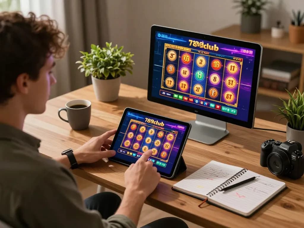Playing exciting slot games on the 789club app in a cozy home office setting.