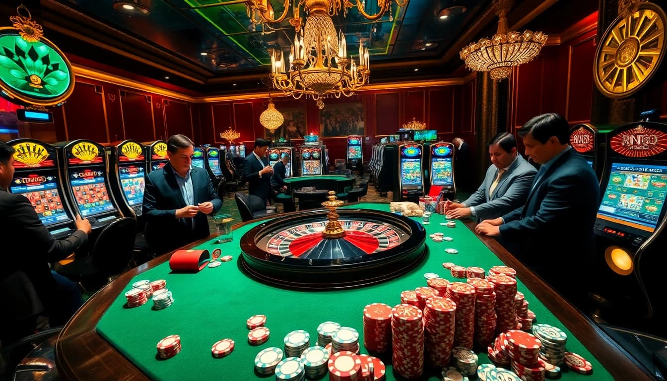 Experience the excitement of RR88 in a luxurious casino setting with roulette, chips, and vibrant slot machines.