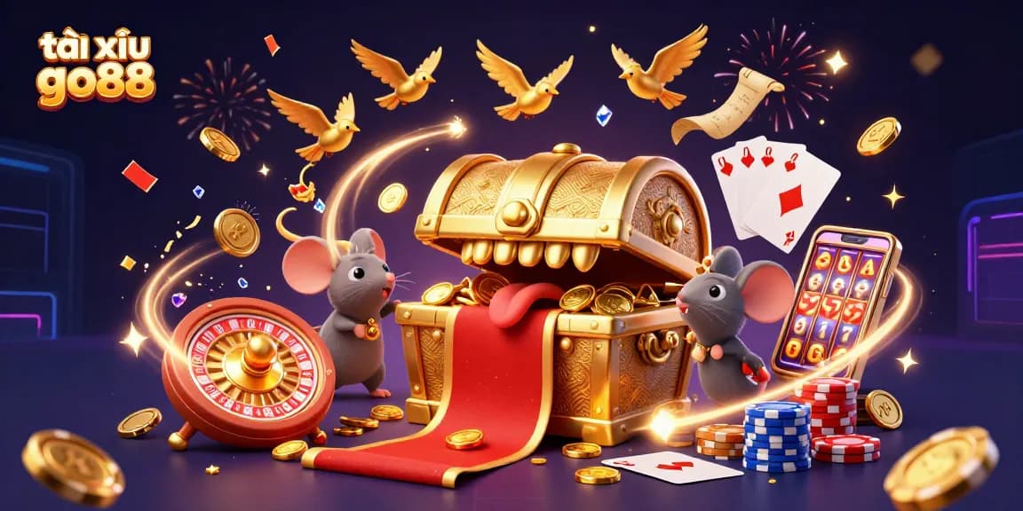 Tài xỉu go88 contestants enjoying gaming riches, featuring vibrant casino elements and animated characters.