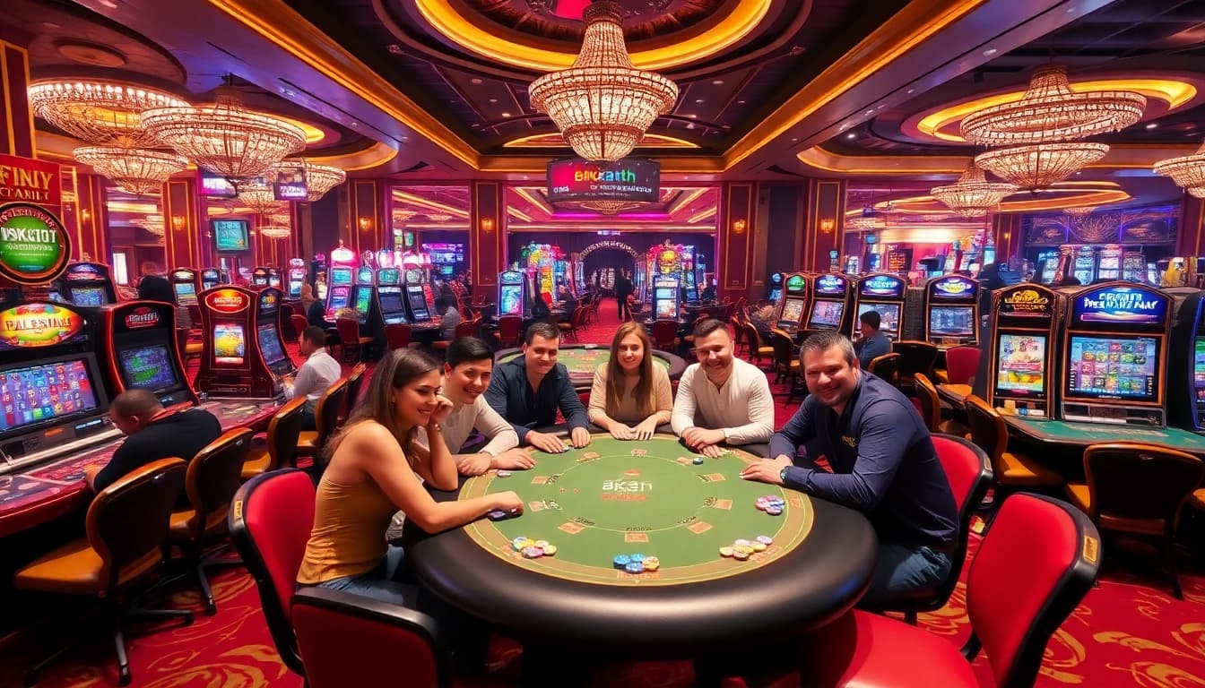 Excited players engaging in a poker game at BK8TH casino with vibrant decor.