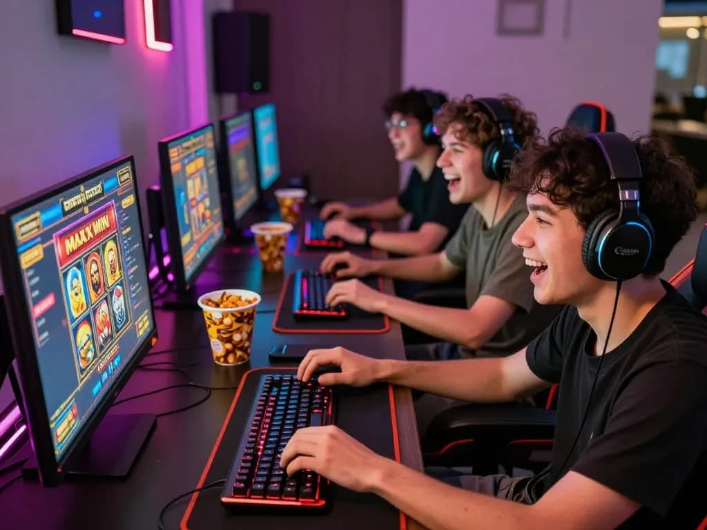 Friends enjoying slot gacor gaming with vibrant graphics and an energetic atmosphere