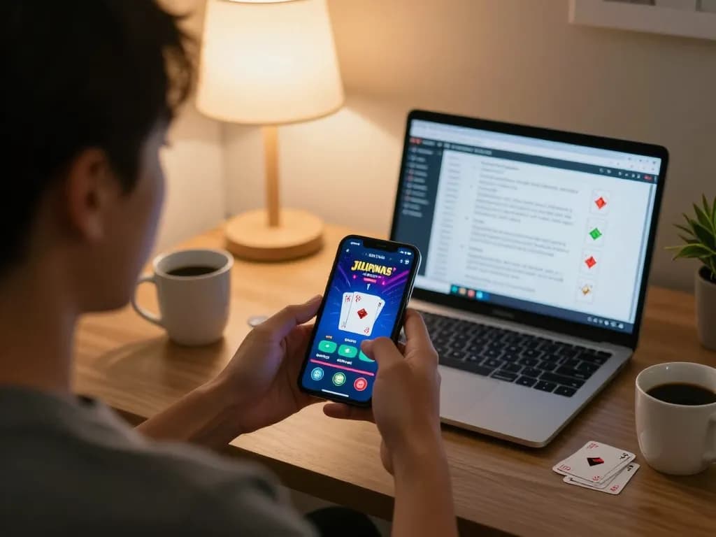 Jilipinas player enjoying an online poker game on smartphone with strategy notes nearby.