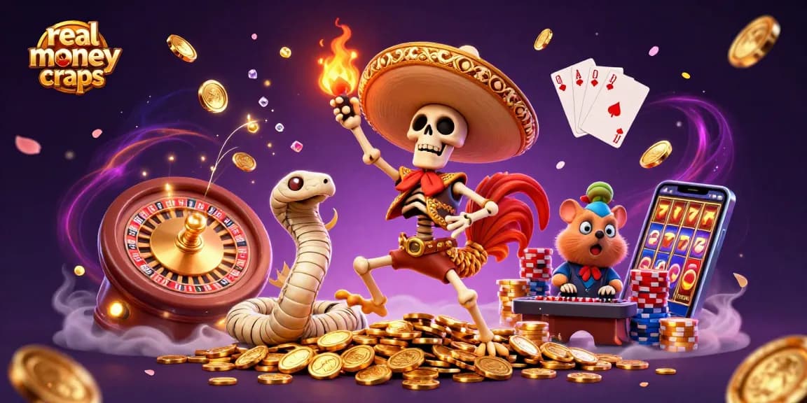 Experience real money online craps with a vibrant victory dance scene featuring dynamic characters and casino elements.