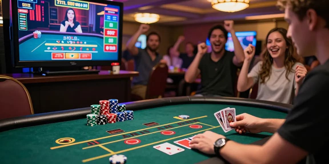 Exciting player moment at credit card casinos with vibrant gaming table atmosphere.