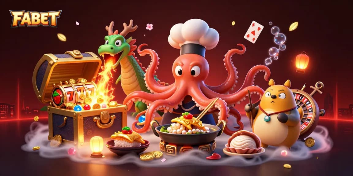 Discover FABET's vibrant casino world, featuring a sushi chef octopus and exciting game elements.
