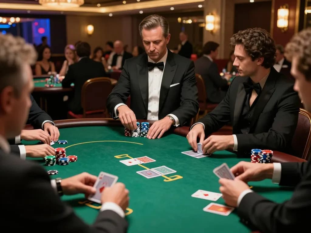 Engaged players at a high-stakes poker table showcasing exciting โปรโมชั่น amid luxury casino ambiance.