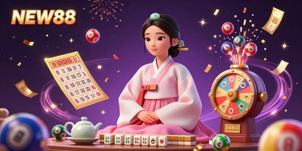 Experience the excitement of NEW88 with vibrant lottery games, colorful balls, and a serene Asian woman in traditional attire.