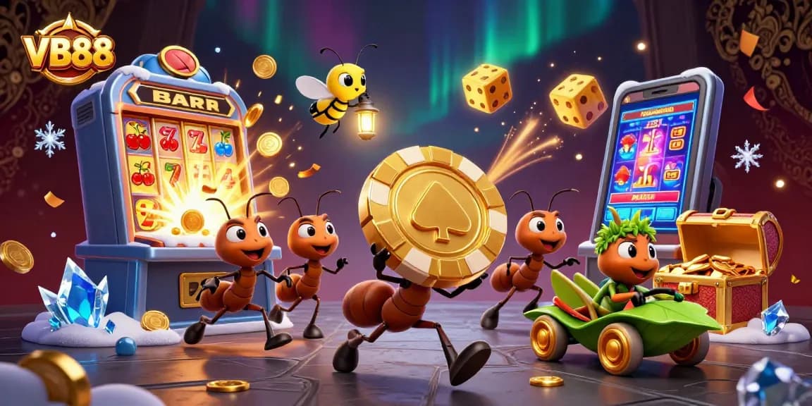 Celebrate wins with VB88 as cartoon ants carry massive poker chip in a casino heist scene.
