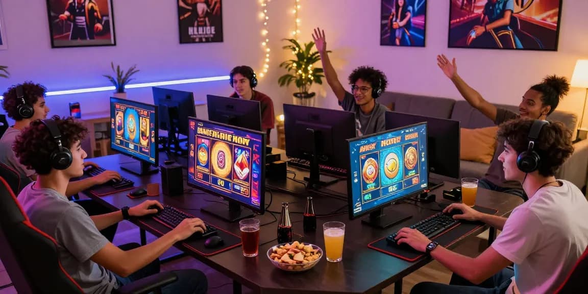 Group of friends enjoying bonus buy slots UK in a vibrant gaming setup, showcasing excitement and strategy.
