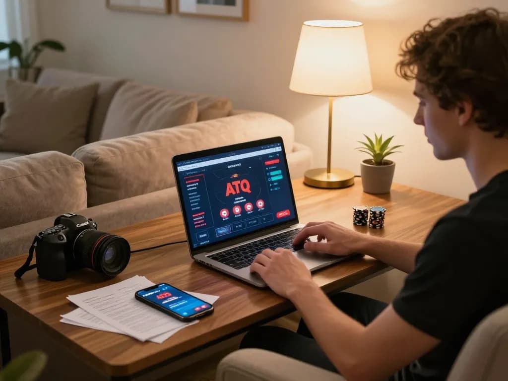 Engaged player strategizing on ATQ online poker, showcasing home gaming environment.