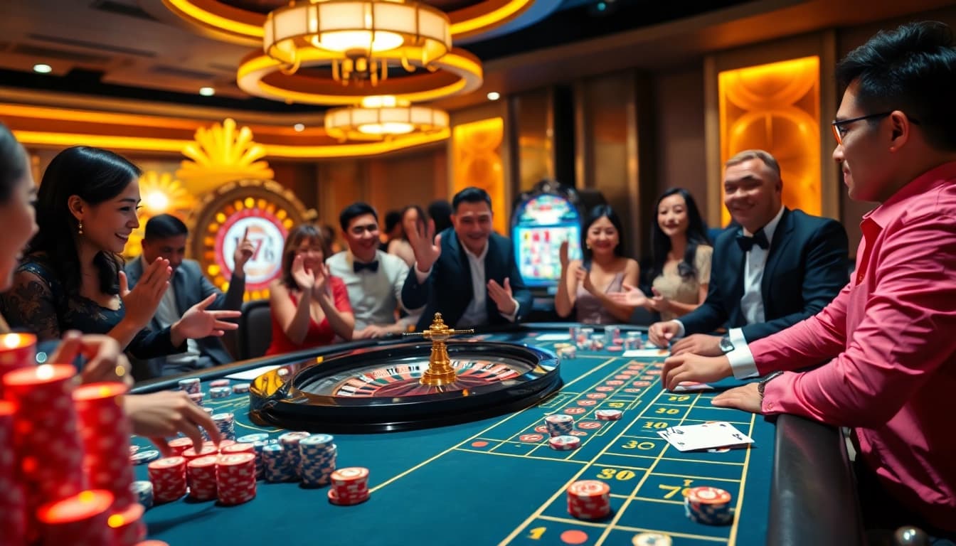 Experience excitement as players engage in chơi game mmoo at a vibrant casino table surrounded by colorful chips.