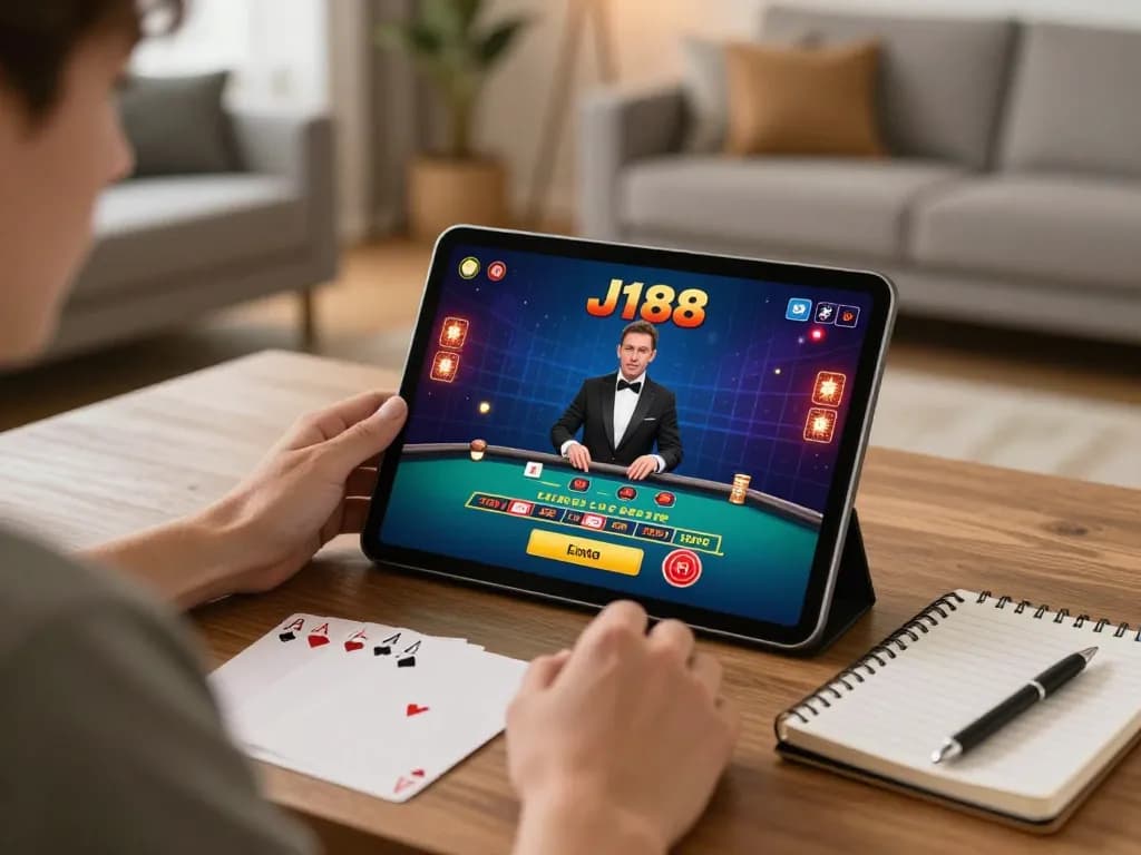 Player engaging with J188 casino app for blackjack in a cozy home setting, highlighting strategic gameplay.