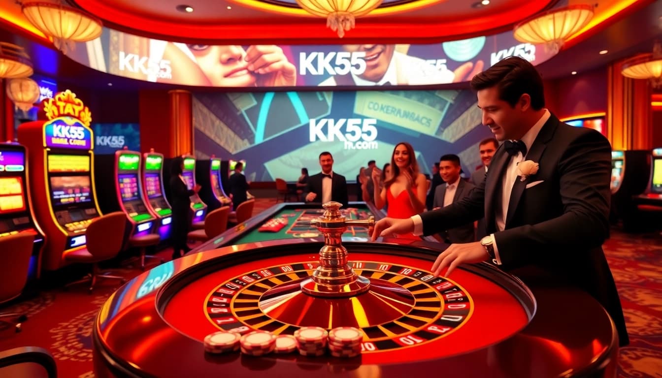 Players enjoying roulette and slots at KK55.com, showcasing excitement in a vibrant casino.