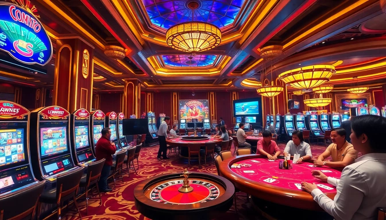 Exciting casino atmosphere at https://soibet.vision/ showcasing players at roulette and slots.