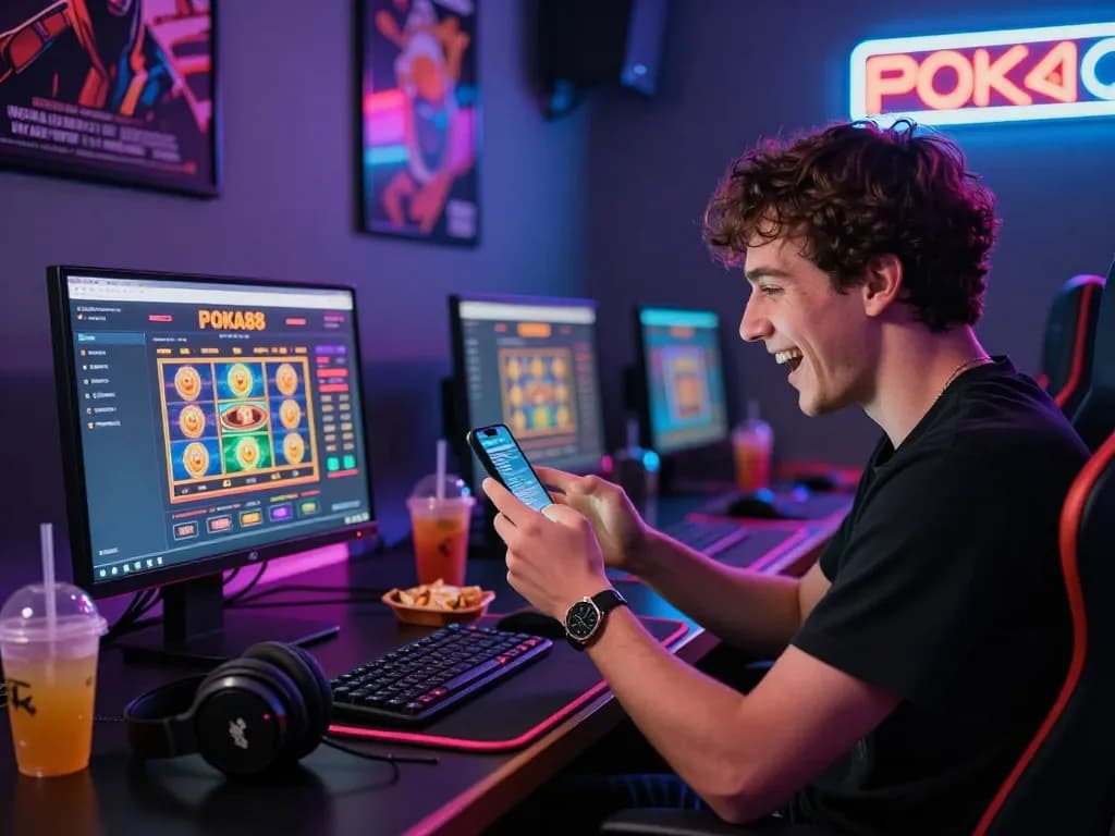 Gamer yang bersemangat terlibat dengan pengaturan permainan slot online POKA88.