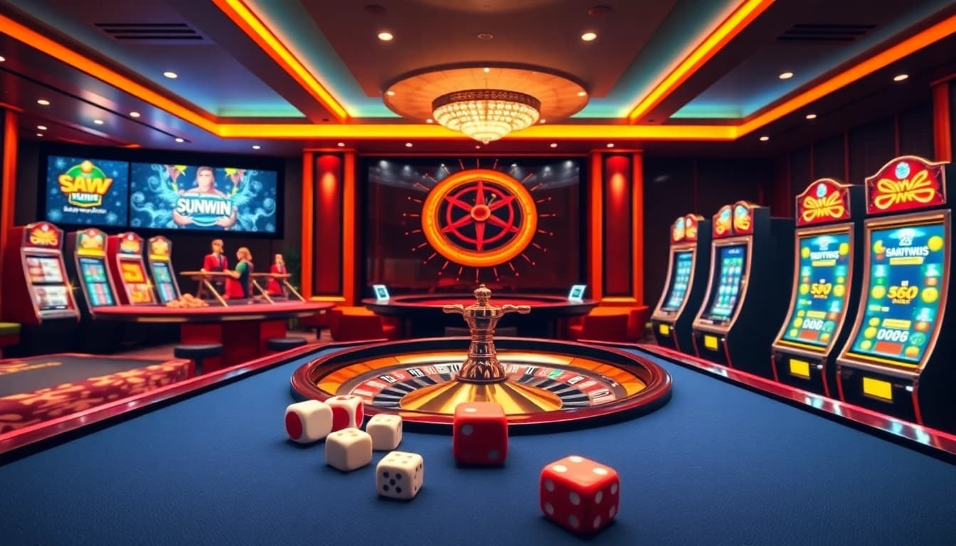 Sunwin online gambling interface with vibrant casino tables, roulette wheel, and winning slots.