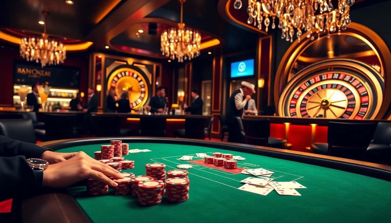 Experience the thrill of a luxurious 68VIP casino setting featuring poker and roulette.