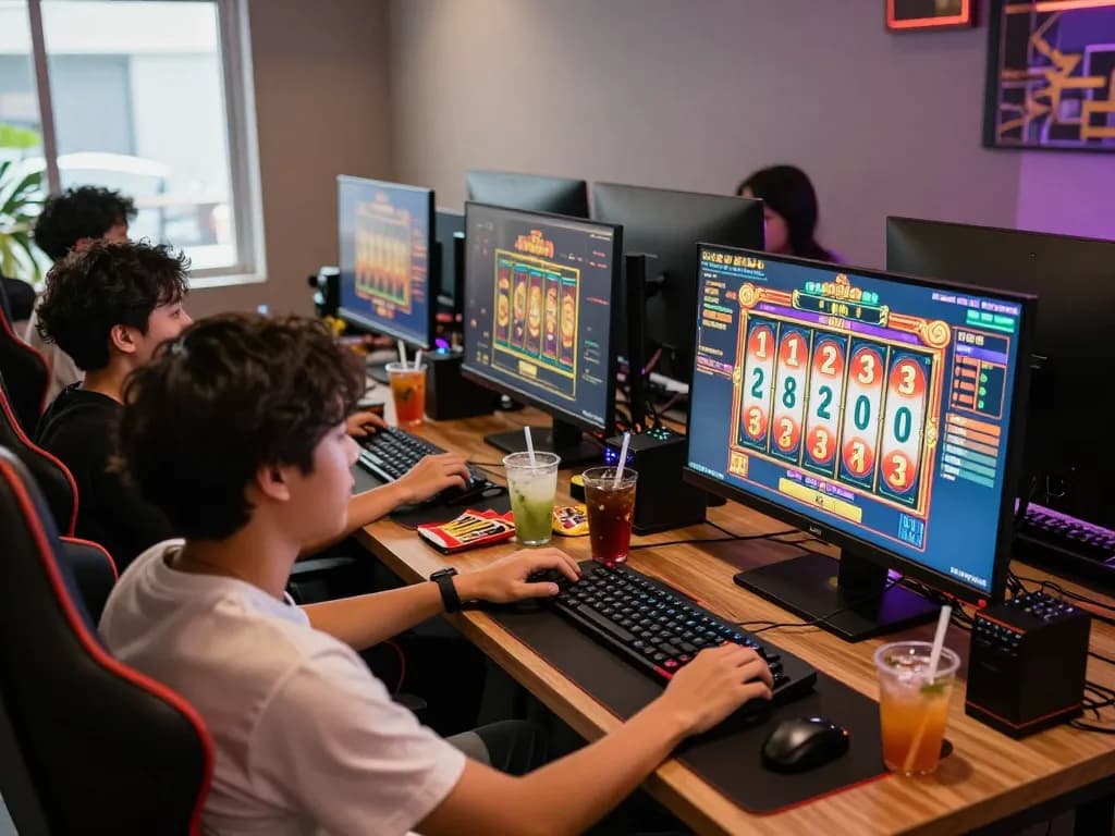 Teman-teman menikmati permainan situs slot bersama dalam pengaturan permainan yang cerah dengan camilan dan minuman.