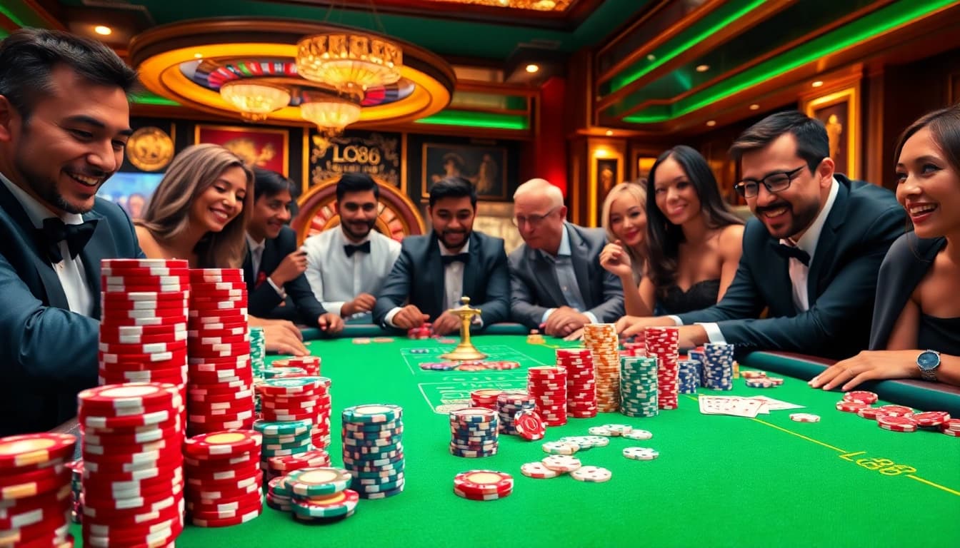 Players enjoying high-stakes games at LC88's luxurious casino tables surrounded by vibrant poker chips.