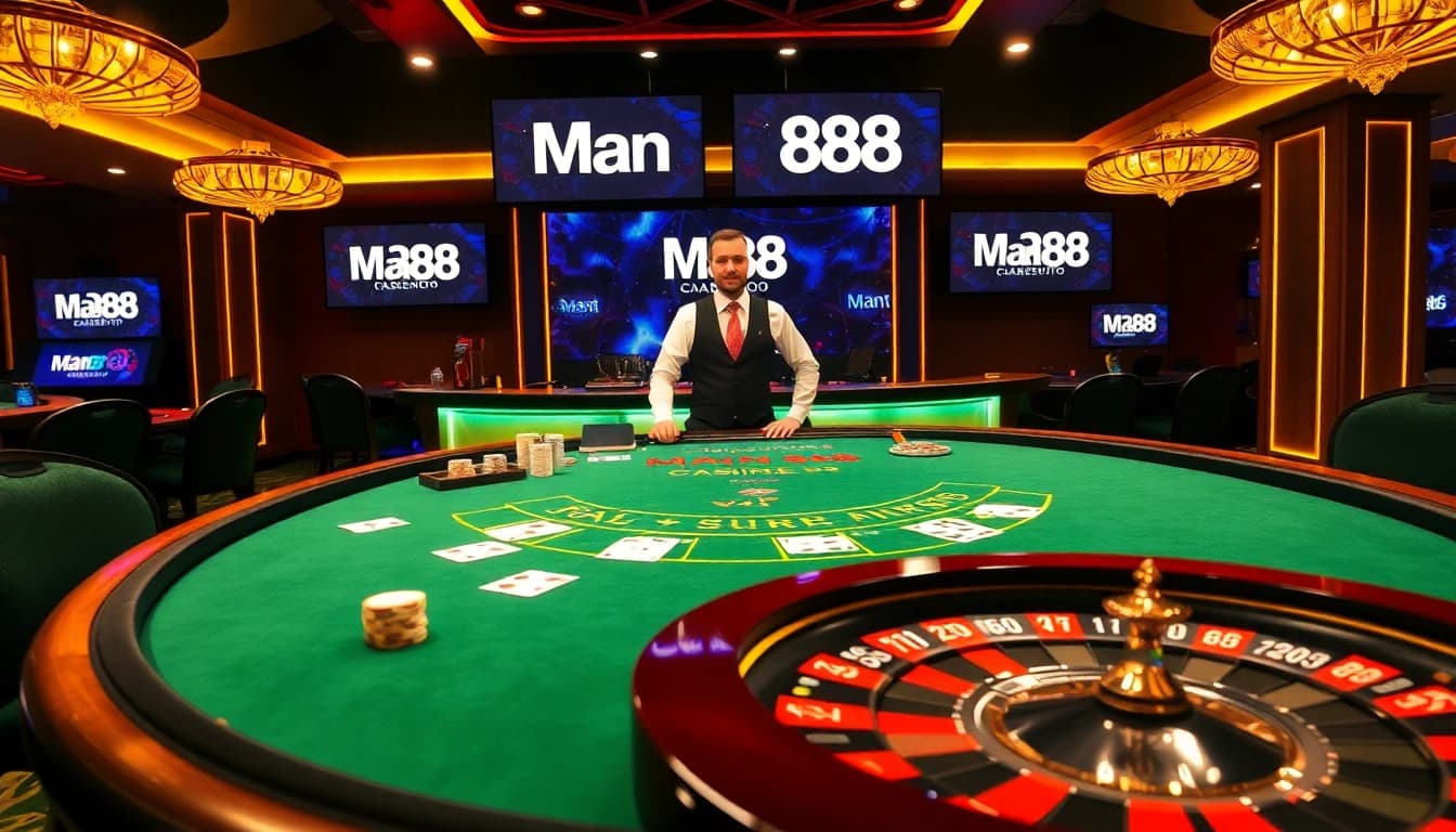 Players enjoying blackjack at a glamorous Man88 casino table surrounded by poker chips.
