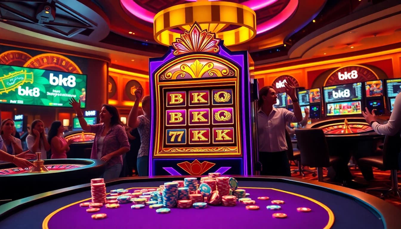 Play exciting bk8 สล็อต games, winning at the luxurious casino slot machines surrounded by chips.