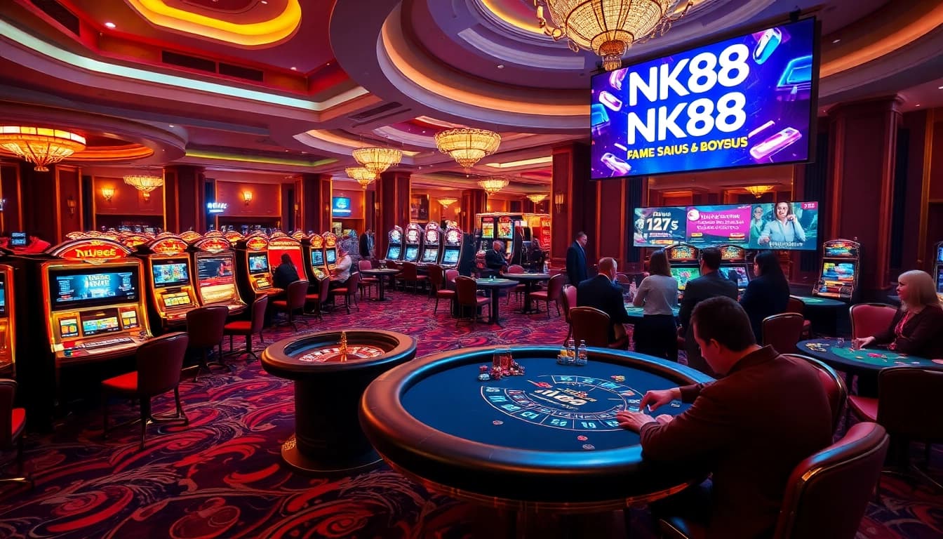 Players enjoying casino games at NK88, showcasing live gaming and vibrant slot machines.