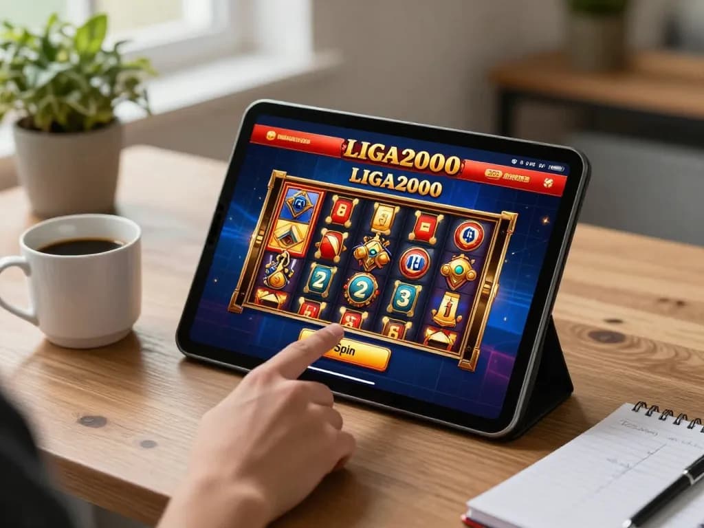 LIGA2000 player engaging with online slots on a tablet, emphasizing comfortable gaming environment.
