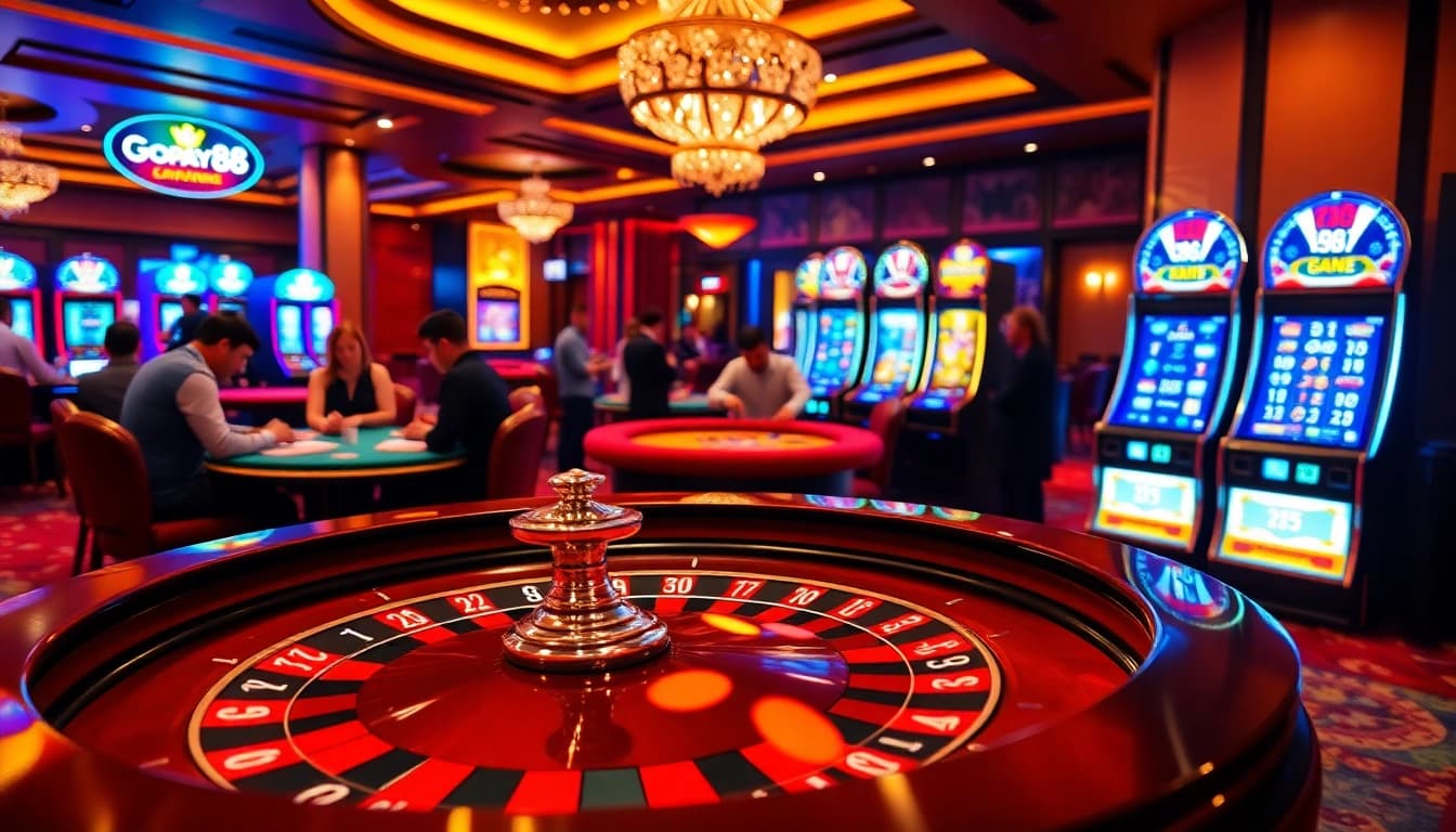Experience the thrill of Gopay88 at a vibrant casino with roulette, poker, and gaming excitement.