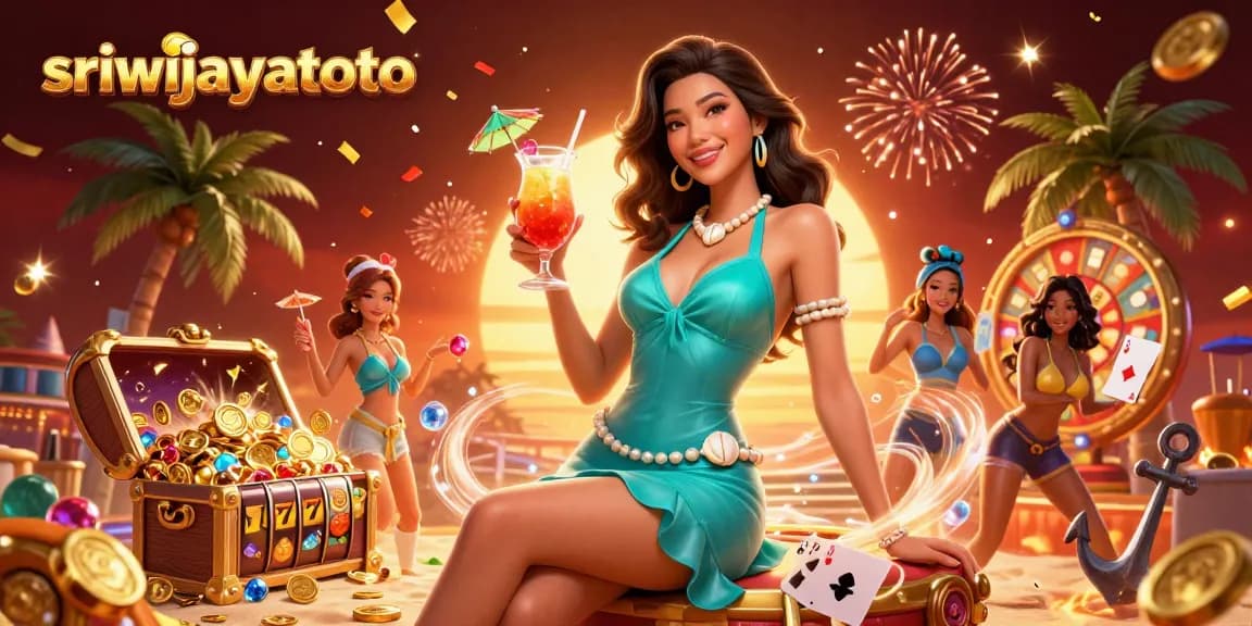 Sriwijayatoto showcases a glamorous Asian woman amidst tropical casino elements, symbolizing excitement and fortune.
