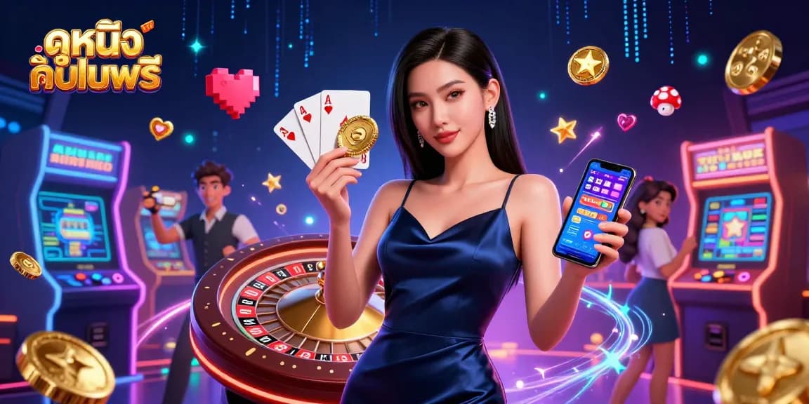 Experience ดูหนังออนไลน์ฟรี with a stunning Asian woman holding a casino app and golden chip amidst vibrant gaming elements.