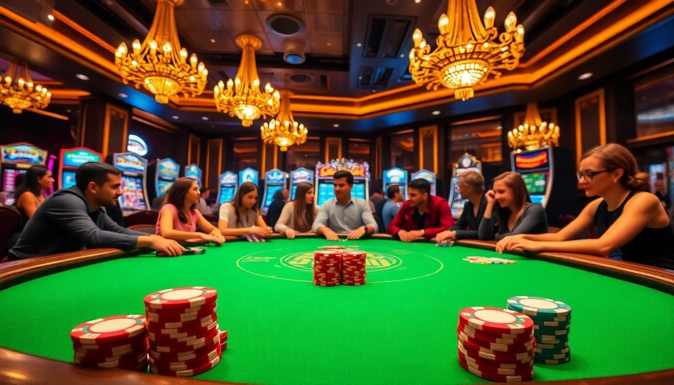 Players at a poker table in a luxurious casino environment, highlighting 555win excitement.