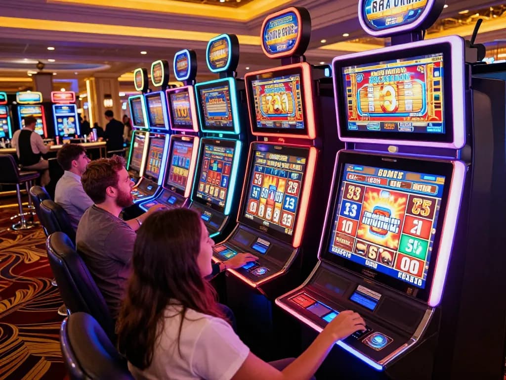 Players celebrating wins at slot online machines in a vibrant casino atmosphere with neon lights.