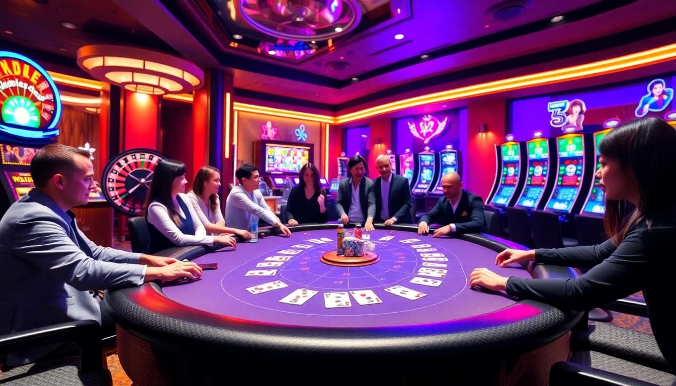 Exciting gambling scene at https://urr88.com/ featuring poker, roulette, and vibrant slot machines.
