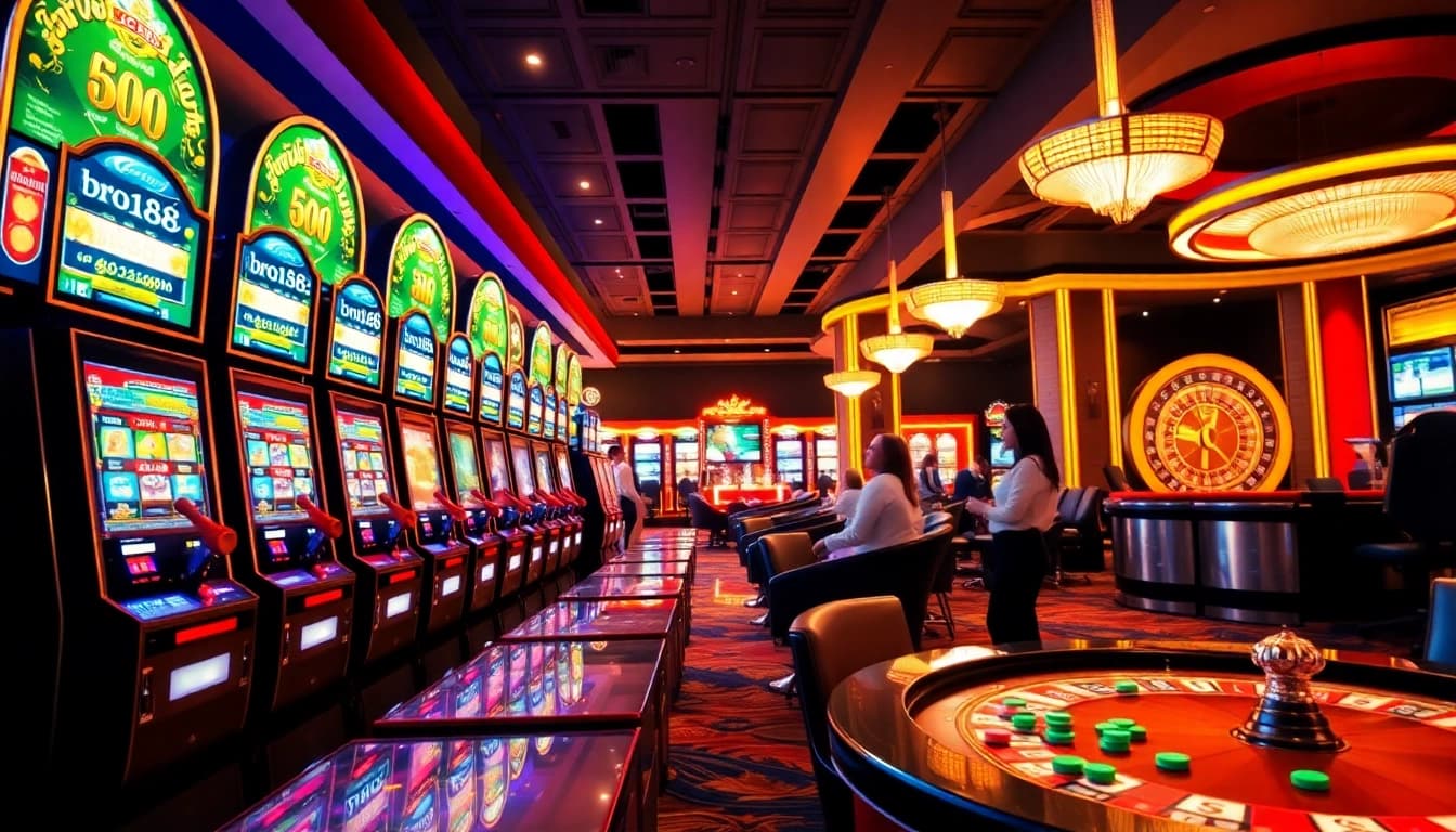 Excited players engaging at the bro138 slot machines in a luxurious casino setting.