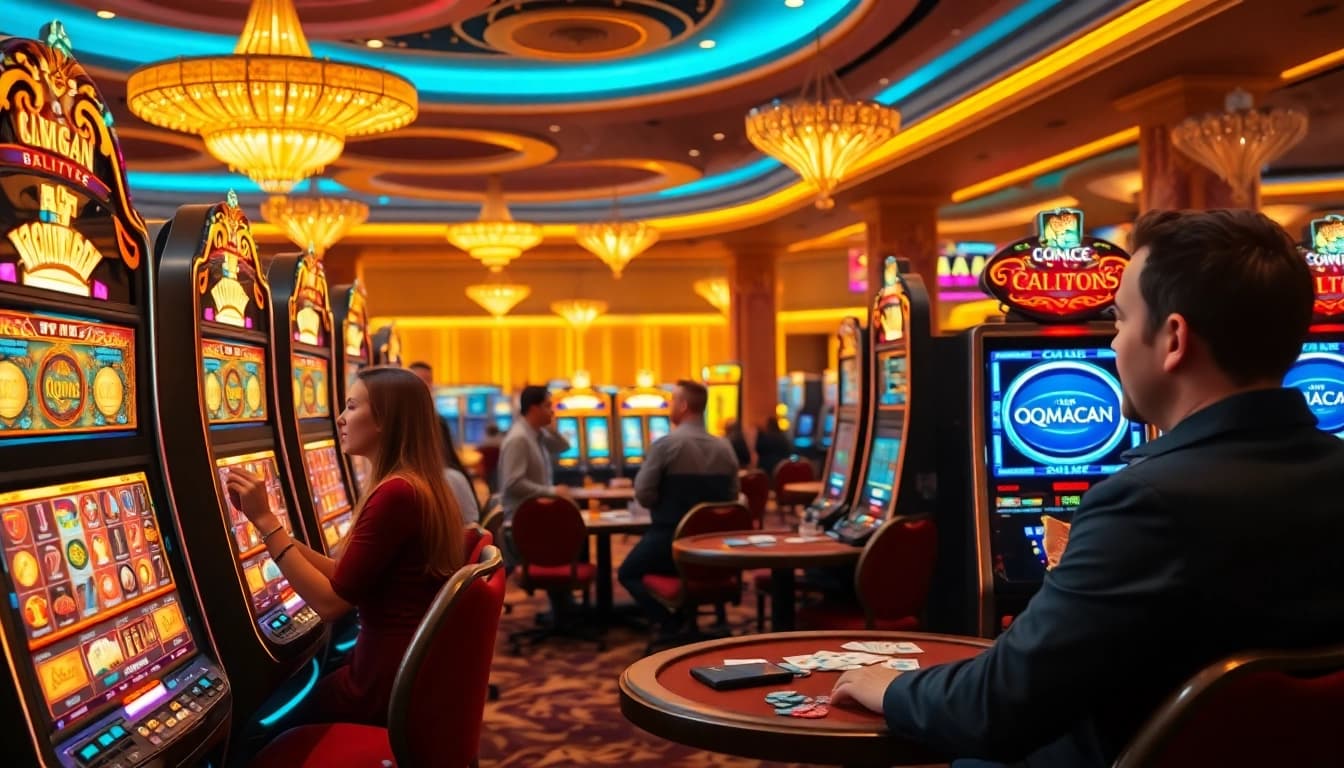 Experience thrilling qqmacan slot gaming in a luxurious casino environment with vibrant machines and eager players.