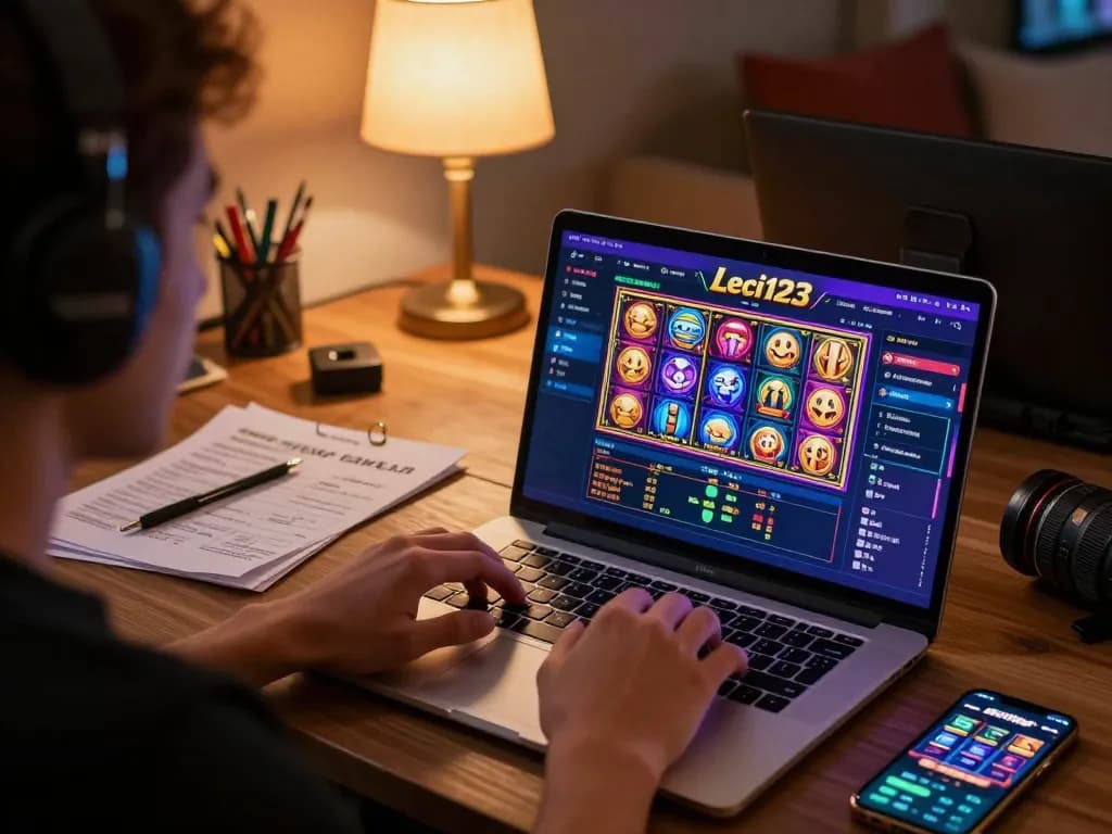 Leci123 user engaging in online slot games at home, showcasing colorful gaming interface, cozy atmosphere.