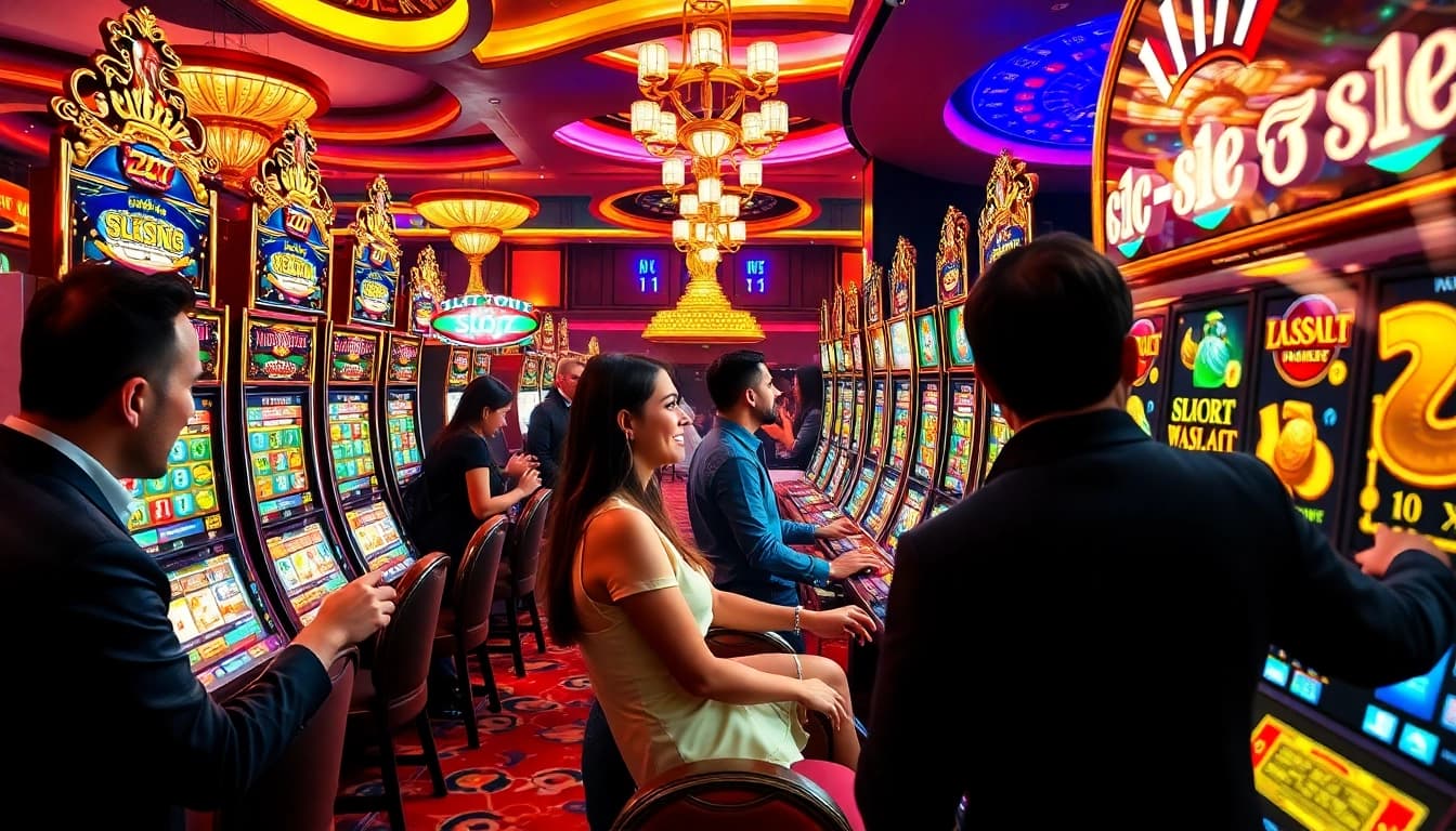 KTPJITU slot players enjoying exciting wins at premium Slot777 machines in a luxurious casino setting.