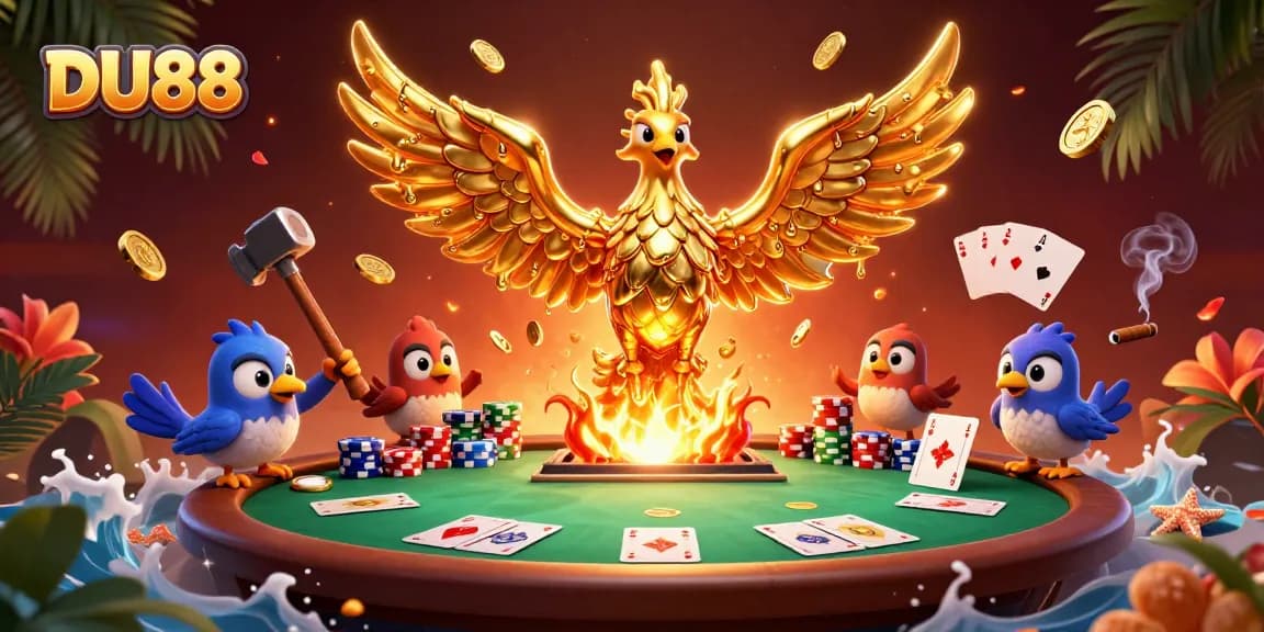 Engage in thrilling gameplay at DU88 with a vibrant 3D casino scene featuring poker elements.