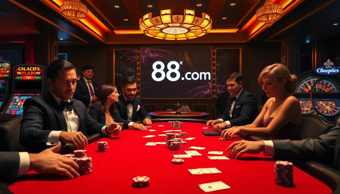 Exciting casino action at 88xx.com poker table with glamorous players and vibrant atmosphere.
