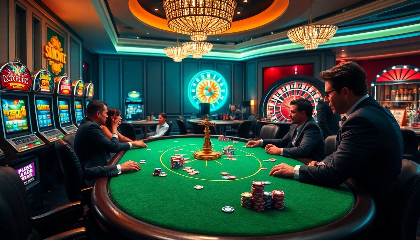 Engage in the excitement of i9bet ren at a luxurious casino with poker tables and vibrant slot machines.