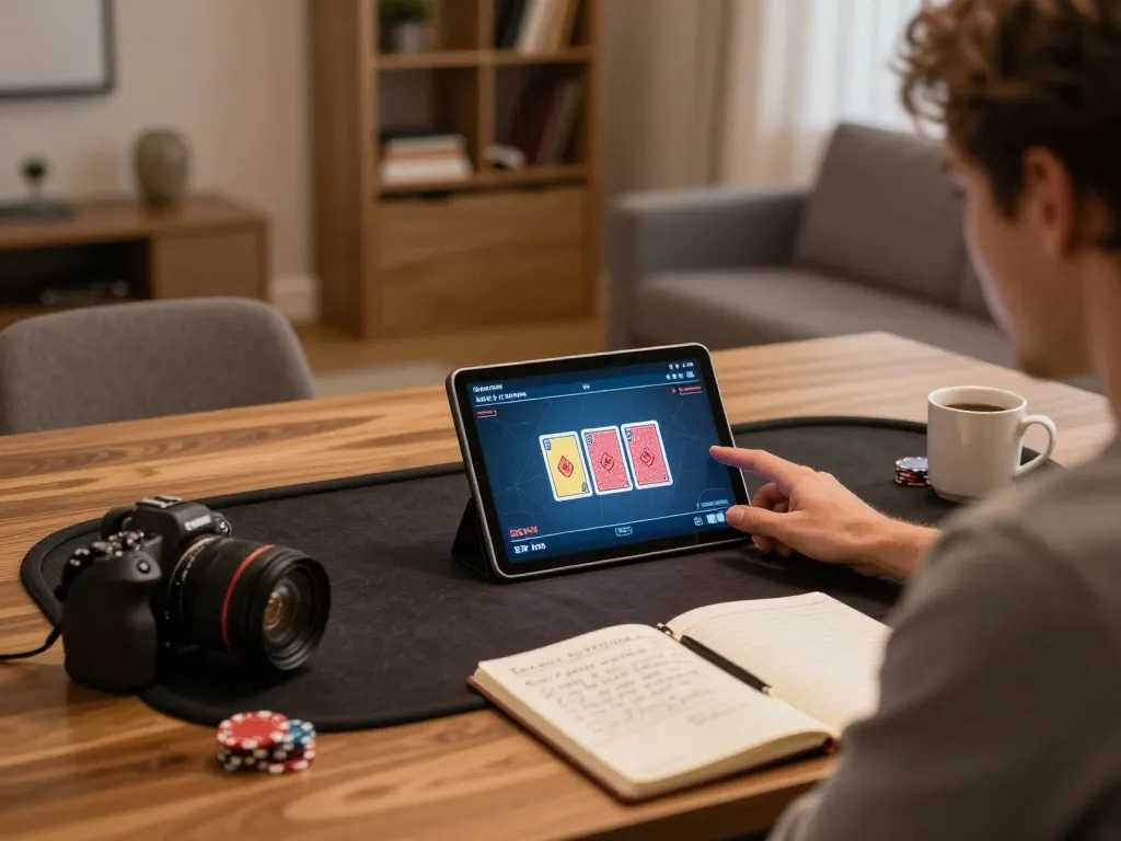 Playing poker online via luckyindex in a cozy living room with strategic notes visible.