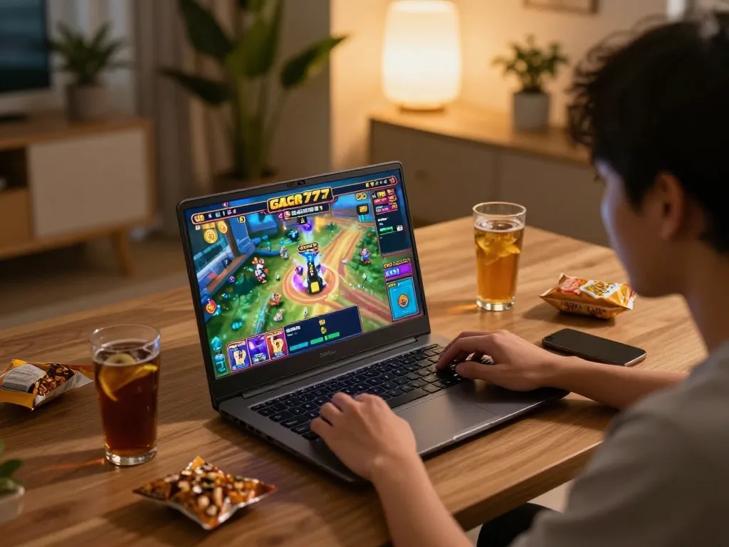 Playing a thrilling slot gacor 777 game at home using a laptop in a cozy setting