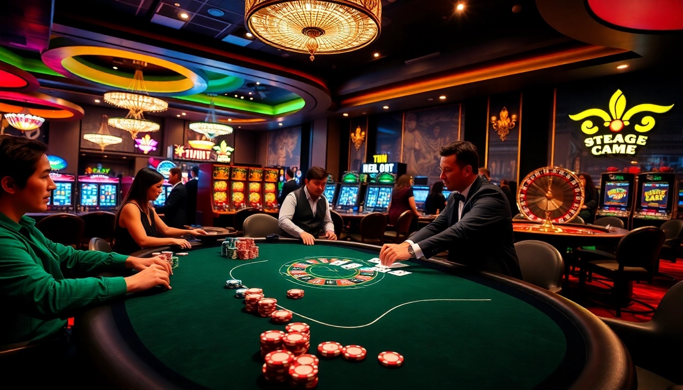 Exciting scene of gamblers playing at a casino table featuring 11WIN poker chips and cards.