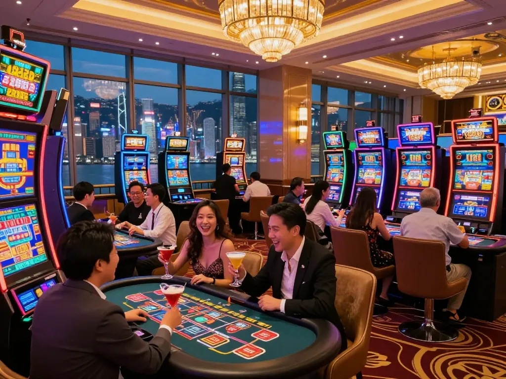 Exciting casino scene in Hong Kong with players enjoying games and cocktails, capturing the vibrant nightlife.