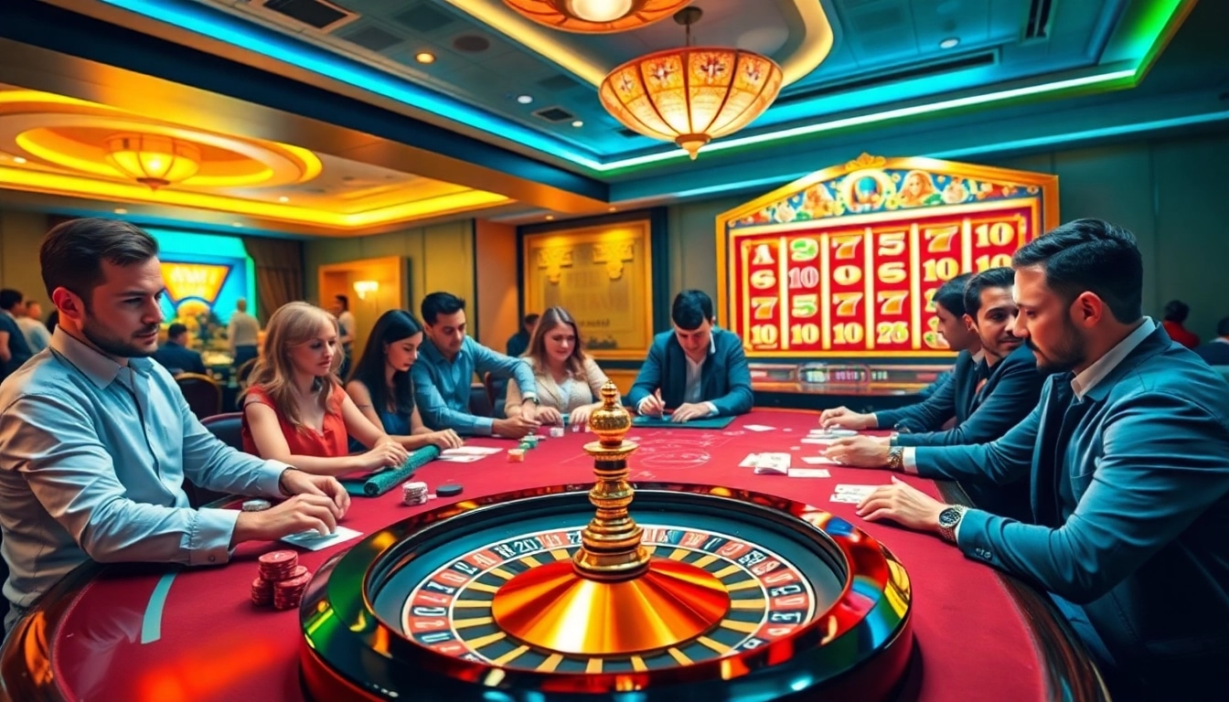 Experience the thrill of gambling at KK55.com with vibrant casino tables and players in action.