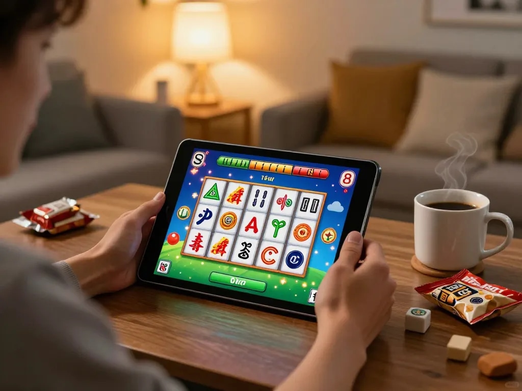 Player spinning slot mahjong reels on a tablet in a cozy living room, highlighting responsible gaming