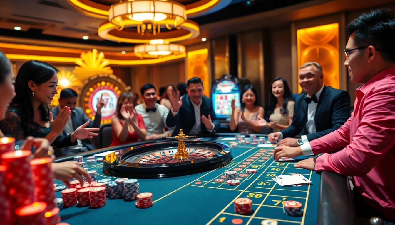 Experience excitement as players engage in chơi game mmoo at a vibrant casino table surrounded by colorful chips.