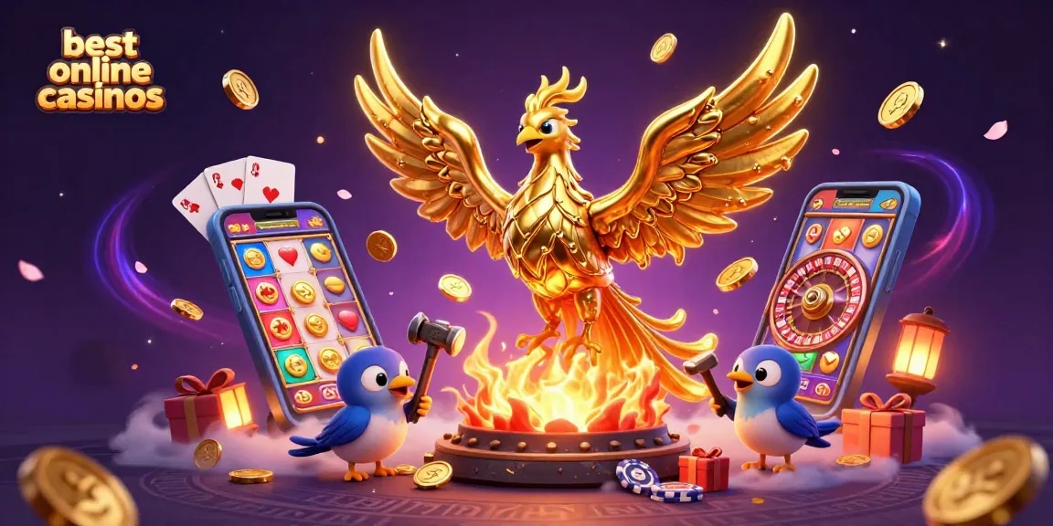 Experience the excitement of the best online casinos with a captivating scene of a golden phoenix and slot games.
