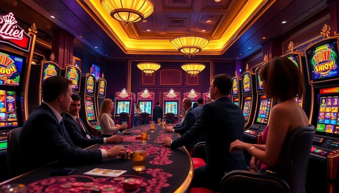 Experience excitement at slot88 with players enjoying vibrant slot machines in a luxurious casino setting.