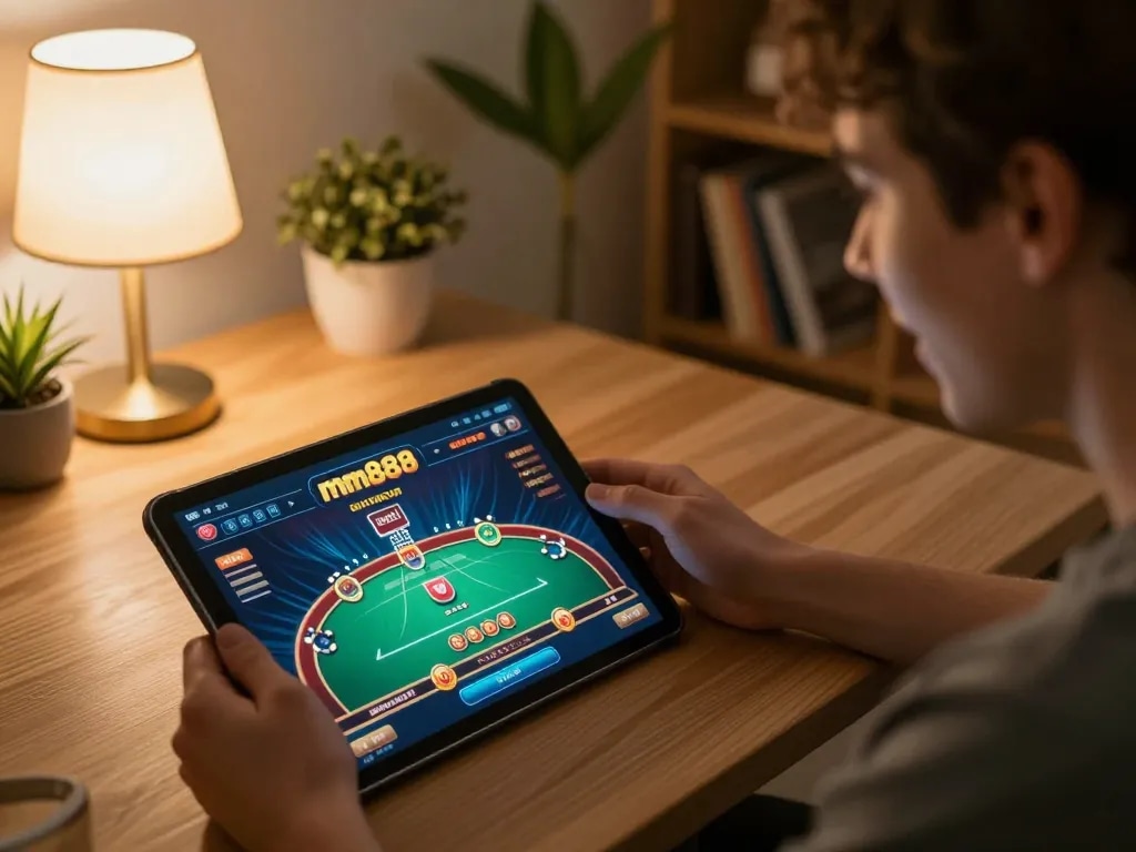 Engaging user playing on mm888 casino app in a cozy home setup, conveying responsible gaming.